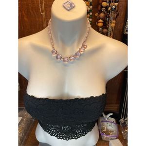 Lee Sands 925 Sterling Silver Pink Crystal & Pink Pearl Choker Necklace 15” Long